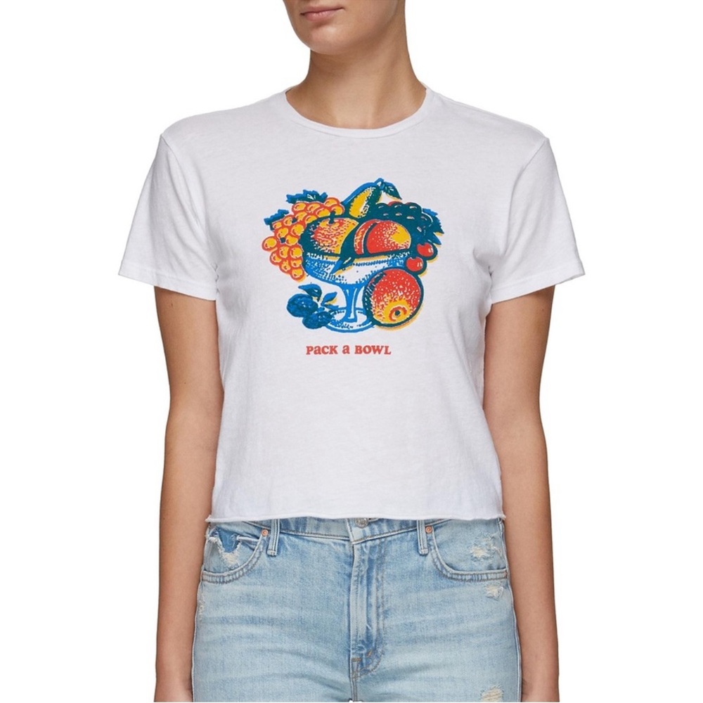 MOTHER Pack a Bowl White Crop Tee Colorful Fruit Medium